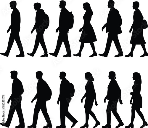 Silhouettes, of, people, walking, commuters, men, and, women, urban, lifestyle, daily, travel, city, crowd, modern, society, black, white, illustration, set