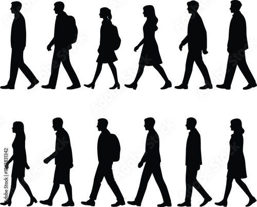 Silhouettes, of, people, walking, commuters, men, and, women, urban, lifestyle, daily, travel, modern, city, crowd, business, workers, black, white, illustration