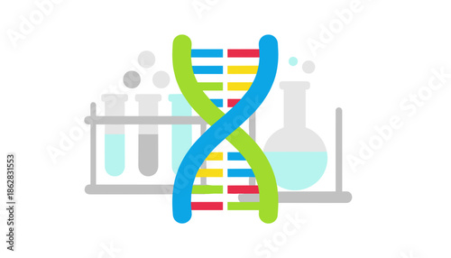 Dna double helix model with laboratory glassware molecular biology concept