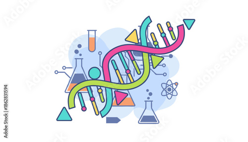 Abstract dna double helix with laboratory icons science education and biotechnology concept