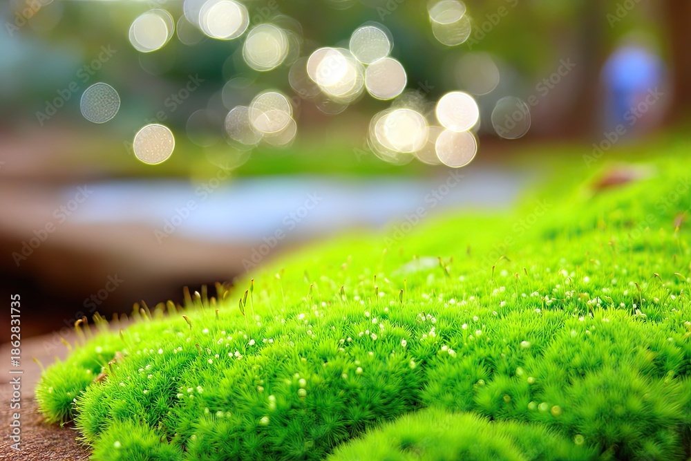 Obraz premium Lush green moss patch with bokeh lights and blurred background