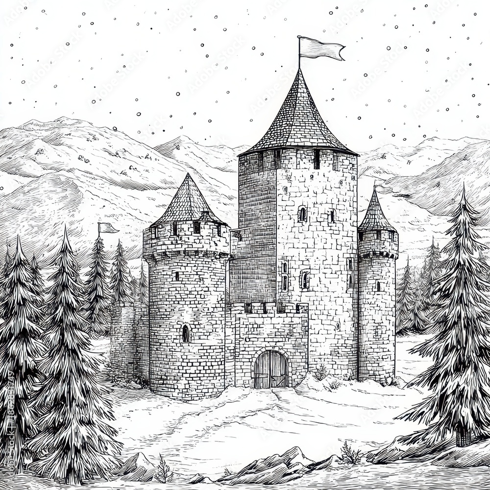 Obraz premium Enchanting Hand-Drawn Winter Castle Illustration Amidst Snowy Pines and Mountains.