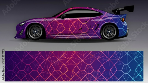 Customized sports car with a vibrant gradient geometric hexagonal pattern vinyl wrap design.