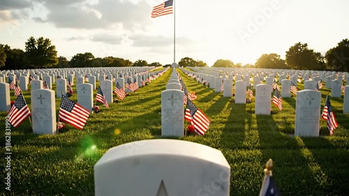 P42-Headstones and flags marking solemn military cemetery remembrance. 4K 10s