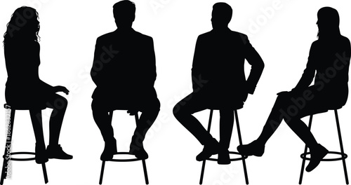 People, silhouettes, sitting, stools, business, group, discussion, meeting, interview, teamwork, conversation, office, professionals, casual, workplace, posture, men, women, seated, isolated