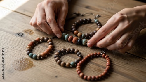 A person's hands arranging colorful beaded bracelets on a rustic wooden table with a warm