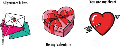 Valentine's Day vector sticker set featuring heart-shaped chocolate box romantic letters and heart pierced by Cupid's arrow illustration.