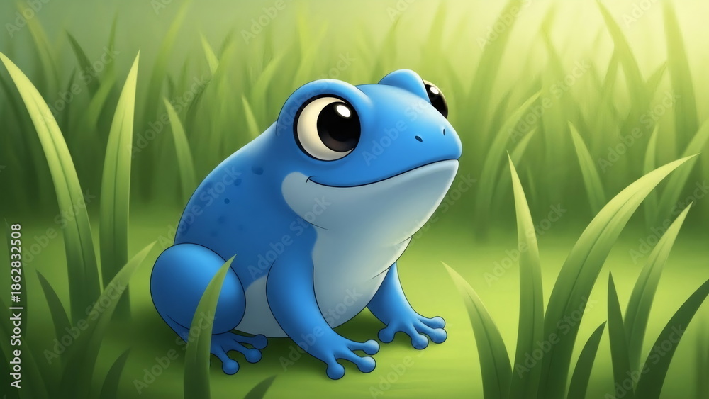 Fototapeta premium Cute azure blue frog looking at side on green grass. Small cartoon amphibian in miniature environment for children book.