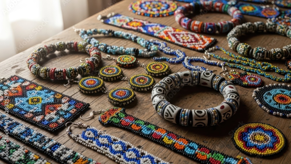 Fototapeta premium Close-up shot of various colorful beaded jewelry on a wooden table with natural light.