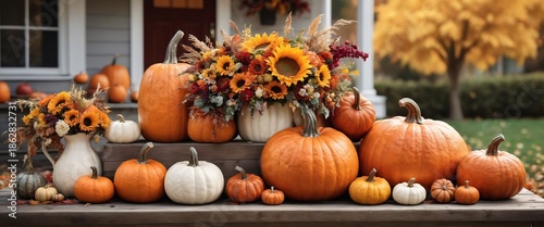 Vibrant Autumn Harvest with Colorful Pumpkins and Fall Flowers
