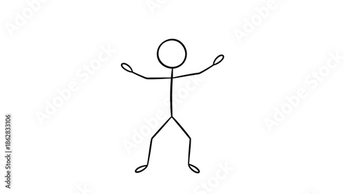 Happy Stick Figure Man Standing with Arms Outstretched, Expressing Joy or Celebration, Isolated White Background.