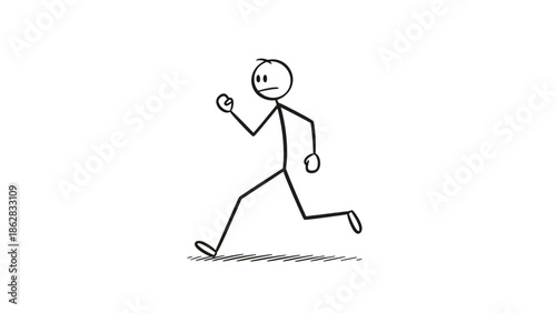 Worried Stick Figure Man Running Away with an Anxious or Scared Expression, Isolated White Background.