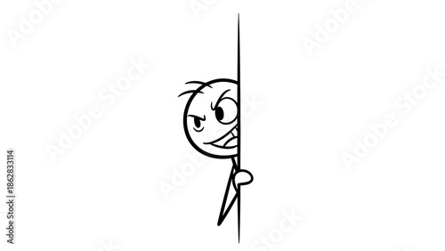 Mischievous Stick Figure Man Peeking from Behind a Wall or Corner with a Playful Expression, Isolated White Background.