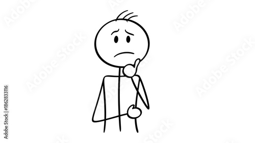 Sad Stick Figure Man Standing Thoughtfully with a Hand on Chin, Expressing Contemplation or Worry, Isolated White Background.