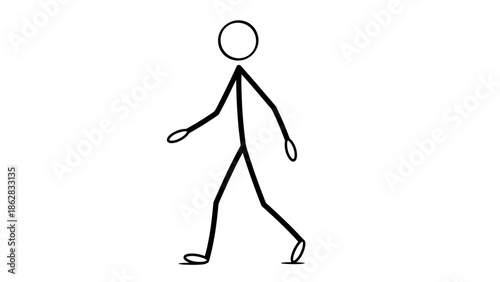 Stick Figure Man Walking with a Confident and Purposeful Stride, Isolated White Background.