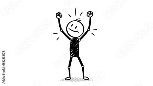 Happy Stick Figure Character Cheering and Celebrating Success with Arms Raised on Isolated White Background