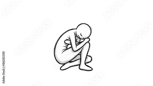 Stick Figure Man Sitting Curled Up with Head on Knees, Expressing Distress, Sadness, or Pain, Isolated White Background.