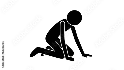 Stick Figure Man Kneeling on the Ground Looking Down with a Sad Expression, Isolated White Background.