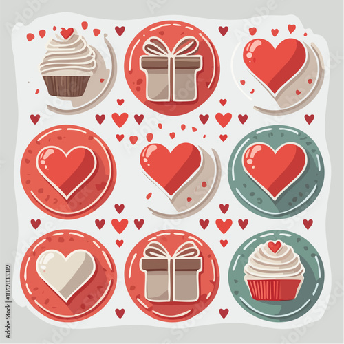 Valentine themed icon set featuring hearts, gifts, roses, chocolates, and love symbols. Flat vector icons suitable for websites, apps, infographics, and romantic design projects.
