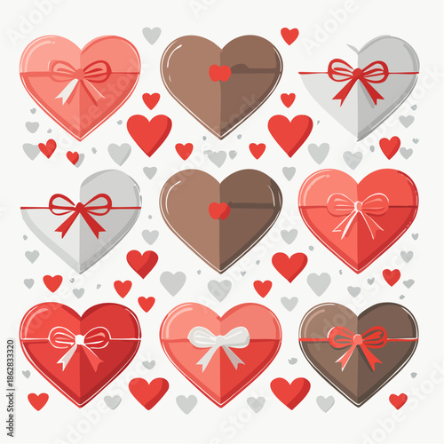 Valentine themed icon set featuring hearts, gifts, roses, chocolates, and love symbols. Flat vector icons suitable for websites, apps, infographics, and romantic design projects.