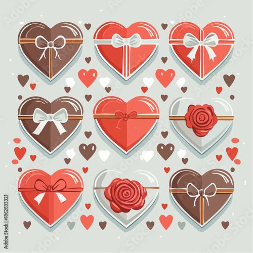 Valentine themed icon set featuring hearts, gifts, roses, chocolates, and love symbols. Flat vector icons suitable for websites, apps, infographics, and romantic design projects.