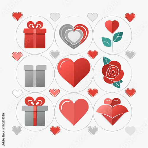 Valentine themed icon set featuring hearts, gifts, roses, chocolates, and love symbols. Flat vector icons suitable for websites, apps, infographics, and romantic design projects.