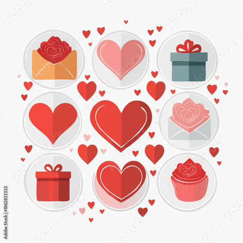 Valentine themed icon set featuring hearts, gifts, roses, chocolates, and love symbols. Flat vector icons suitable for websites, apps, infographics, and romantic design projects.