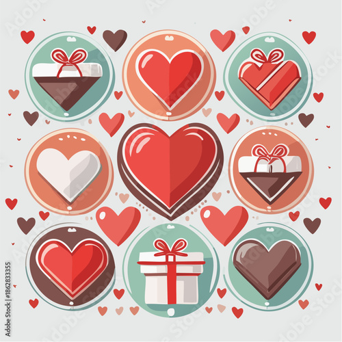 Valentine themed icon set featuring hearts, gifts, roses, chocolates, and love symbols. Flat vector icons suitable for websites, apps, infographics, and romantic design projects.
