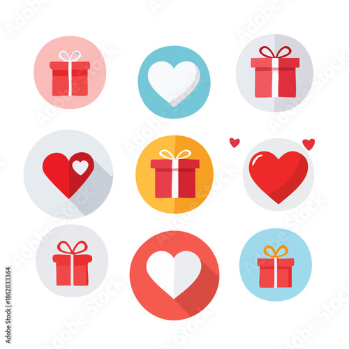Valentine themed icon set featuring hearts, gifts, roses, chocolates, and love symbols. Flat vector icons suitable for websites, apps, infographics, and romantic design projects.