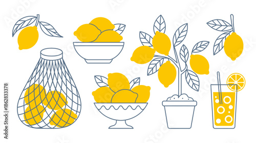 Vibrant Lemon Illustrations with Juice and Plant