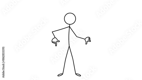 Stick figure man pointing downwards, indicating direction or showing something specific on an isolated white background.