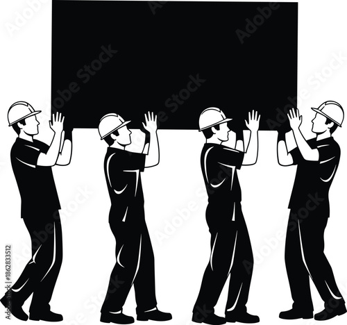 Group of construction workers wearing hard hats carrying a large heavy box isolated on white background, teamwork and manual labor.