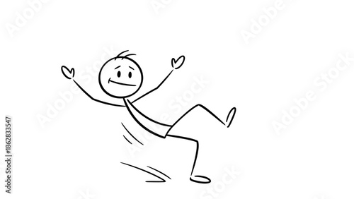 Clumsy Stick Figure Man Slipping and Falling, Losing Balance in a Humorous Accident on Isolated White Background