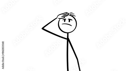 Worried Stick Figure Man Thinking, Holding Head with a Confused or Stressed Expression on Isolated White Background