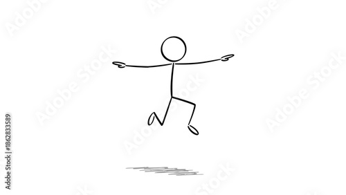Happy Stick Figure Man Jumping with Arms Outstretched, Celebrating Joyfully on Isolated White Background
