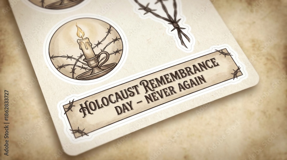 Fototapeta premium illustrated template for holocaust remembrance day showcases an ornate sticker set featuring a solitary candle and subtle barbed wire on a softly vignetted neutral backdrop