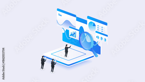 Stock market isometric of financial dashboard data analysis with businessman, gantt charts, and financial metrics in blue digital style.