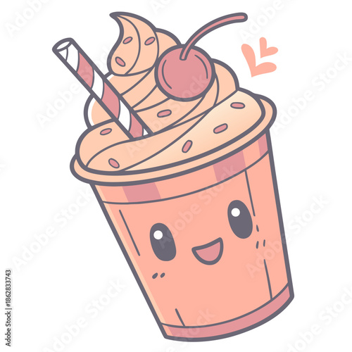 Delightful Pink Milkshake Kawaii Sticker Illustration Featuring a Happy Face, Whipped Cream, and a Sweet Cherry Topping, Perfect for Adding Charm to Any Project