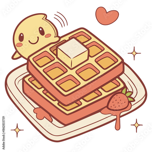 Charming Kawaii Sticker design of a cheerful character with warm golden waffles, rich melting butter, and sweet strawberry, a delightful breakfast graphic
