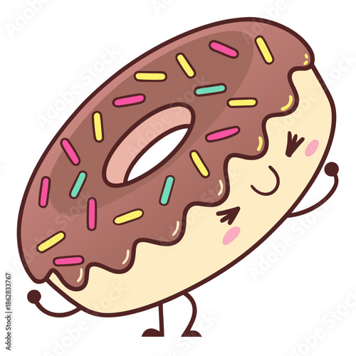 Adorable chocolate frosted donut character with colorful sprinkles, depicted as a cheerful, dancing Kawaii Sticker, perfect for playful designs and sweet digital assets
