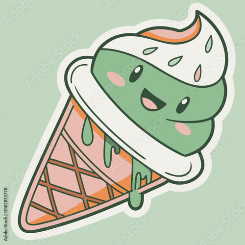 Adorable Smiling Green Ice Cream Cone Kawaii Sticker, a Sweet Dessert Treat Illustration Perfect for Playful Designs and Cute Food Themes