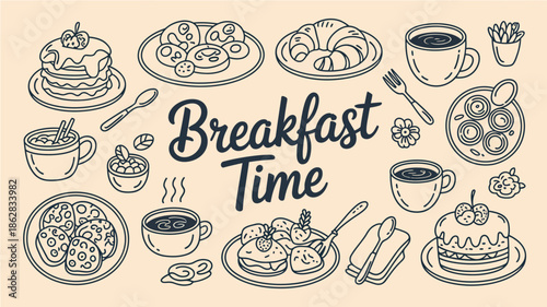 Delicious Breakfast Time Illustration with Various Dishes and Drinks