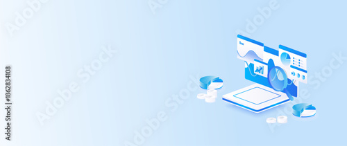 Stock market isometric of financial dashboard data analysis with gantt charts, and stock market research concept in banner web.