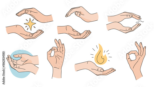 A diverse set of hand gestures in a clean line art style, including holding magic, offering, and okay signs for concepts.
