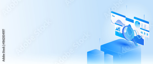 Stock market isometric of financial dashboard data analysis with gantt charts, and stock market research concept in banner web.