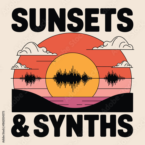 Sunsets and Synths Landscape Sound Wave Electronic Music T Shirt Design