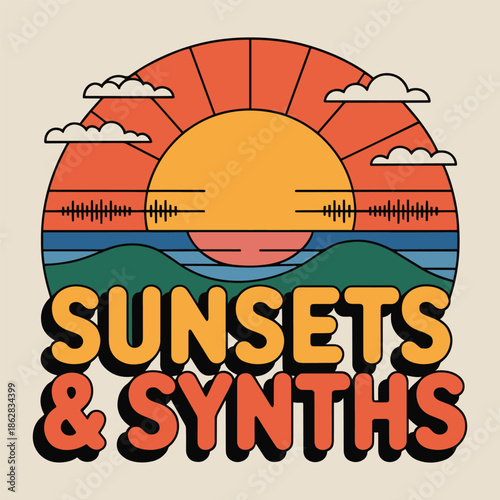 Sunsets and Synths Retro Mountain Landscape Music Wave T Shirt Design