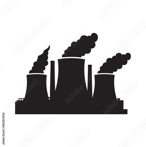 Industrial nuclear power plant factory with smoking cooling towers for energy production silhouette vector illustration