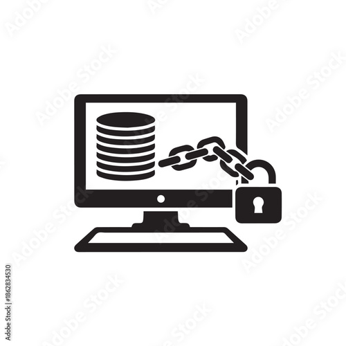 Computer database server security with locked chain and padlock for cyber data protection silhouette vector illustration