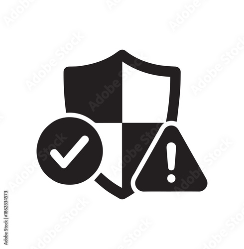 Cybersecurity shield icon with checkmark and warning alert symbol for data protection safety silhouette vector illustration